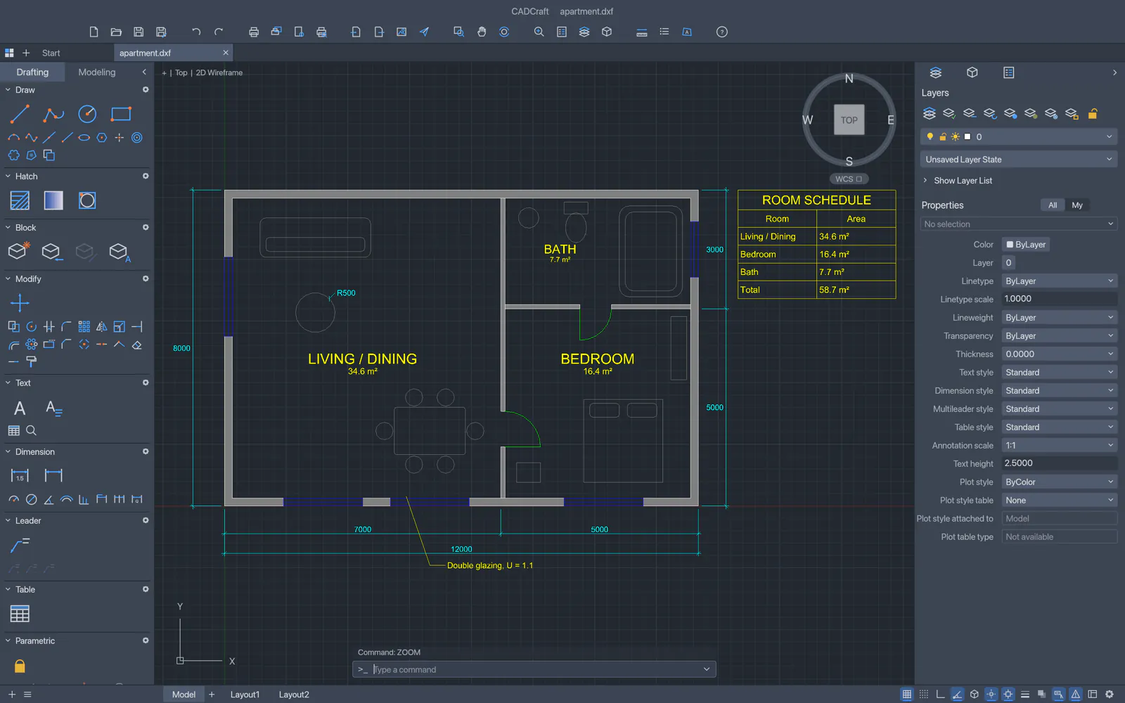 CADCraft with a dimensioned apartment floor plan, a room schedule table, the Layers and Properties panels and the command line