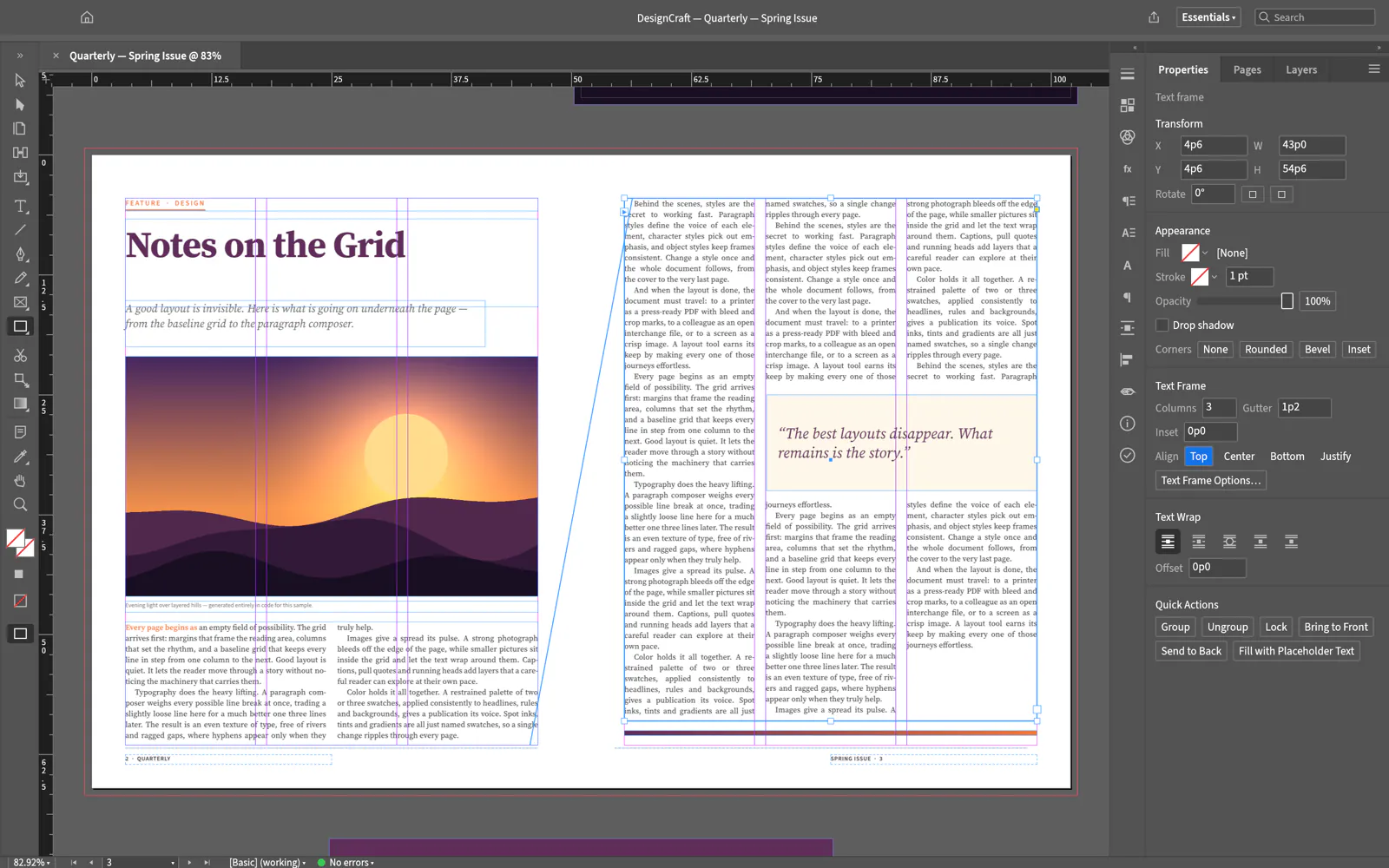 DesignCraft showing a two-page magazine spread with text threaded across three columns, a pull quote and the Text Frame and Text Wrap options
