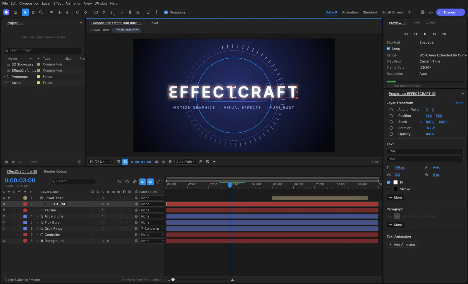 EffectCraft with an animated title composition in the viewer, text layer properties on the right and a layered timeline below