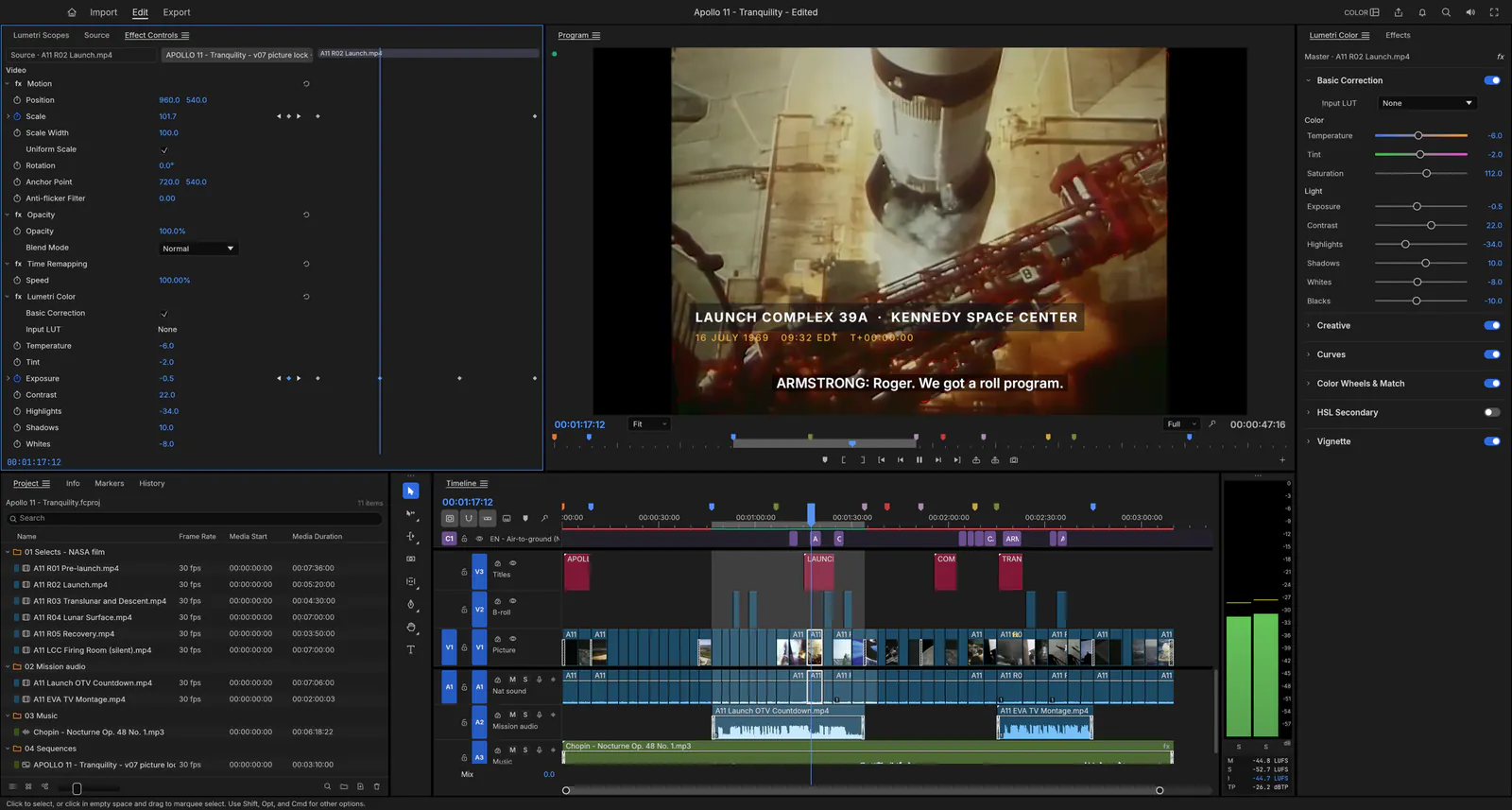 FilmCraft editing an Apollo 11 documentary, with Effect Controls, the Program monitor, the Lumetri Color panel and a multitrack timeline