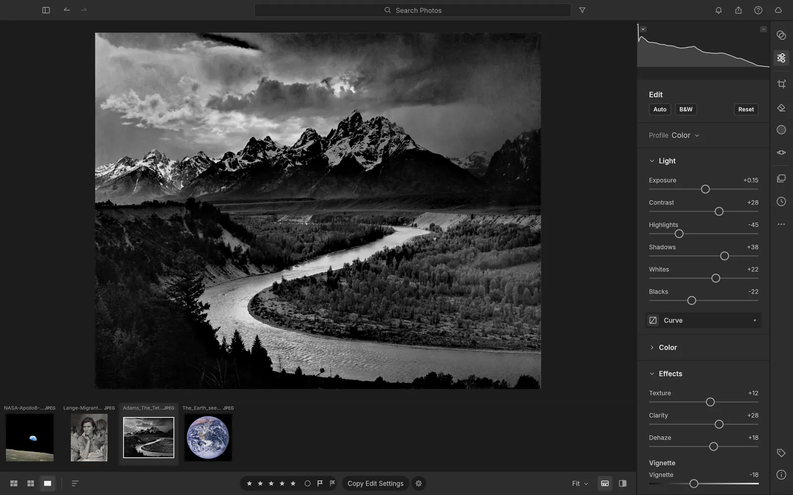 LightCraft developing Ansel Adams' The Tetons and the Snake River, with Light and Effects sliders, a histogram and a filmstrip of photos