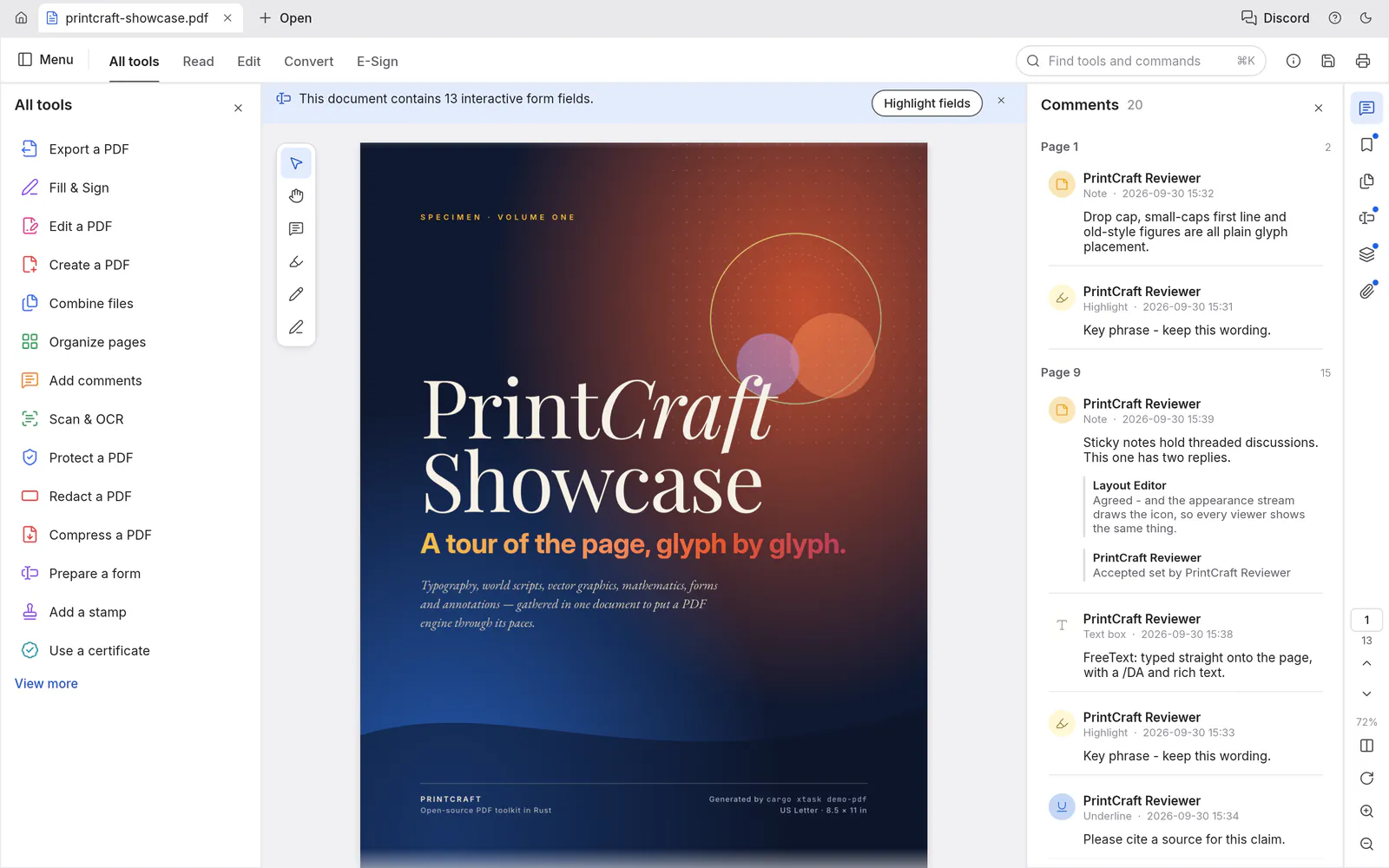 PdfCraft displaying a sample PDF, with the All tools list on the left and a Comments panel on the right