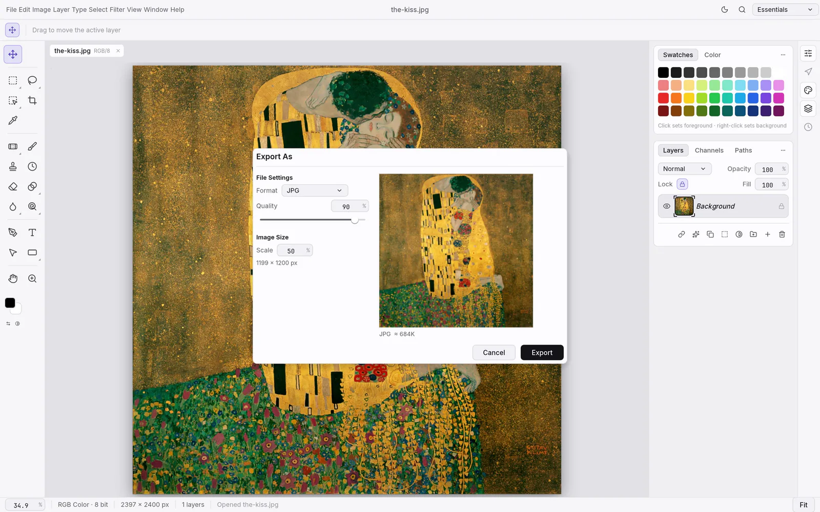 PhotoCraft's Export As dialog set to JPG at 90% quality and 50% scale, with a preview and estimated file size, over Klimt's The Kiss