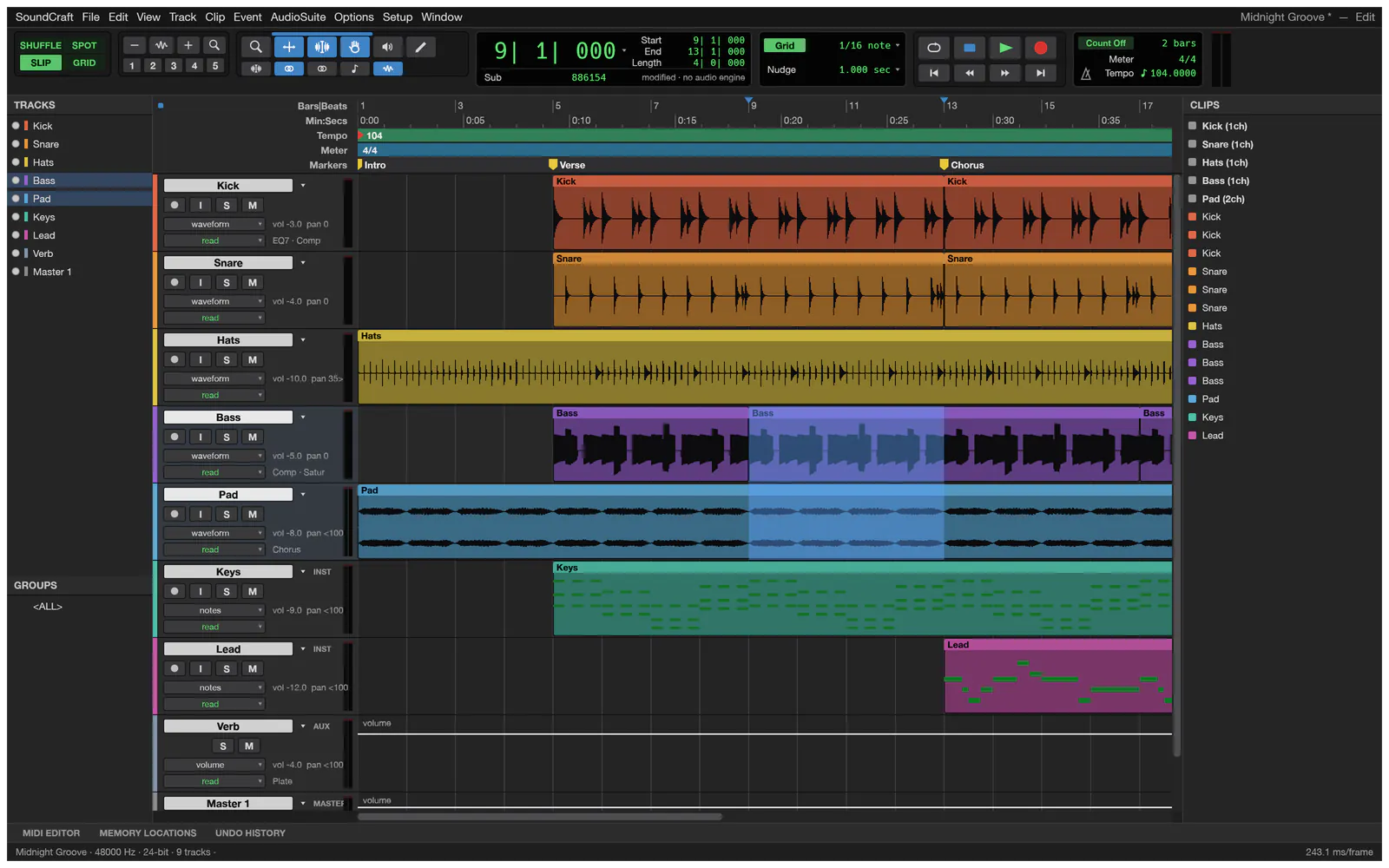 SoundCraft's Edit window with drum, bass and pad audio tracks, Keys and Lead MIDI tracks, Intro, Verse and Chorus markers and a clip list