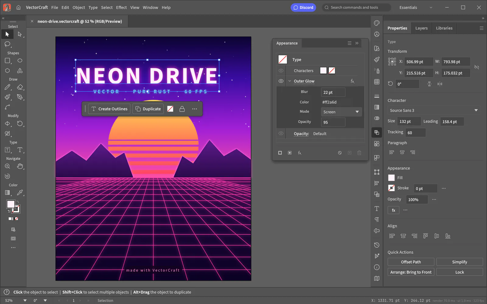 VectorCraft with a neon synthwave poster on the artboard, its title text selected and the Appearance panel showing an Outer Glow effect