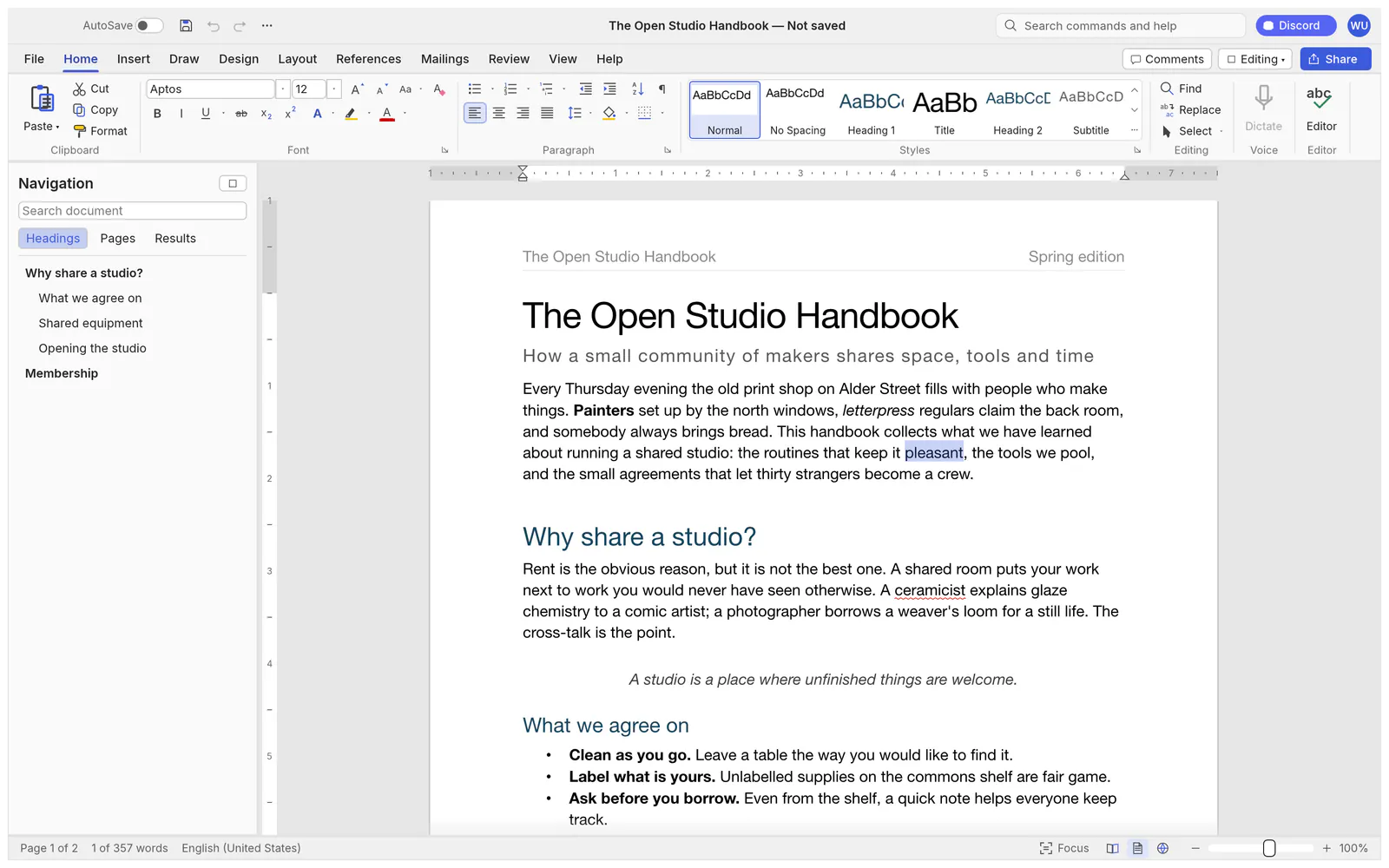 WordCraft's Home ribbon and Styles gallery above a document, with the Navigation pane listing its headings