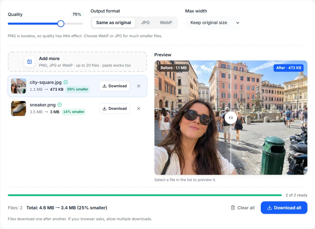The image compressor showing two photos compressed, with a before and after preview
