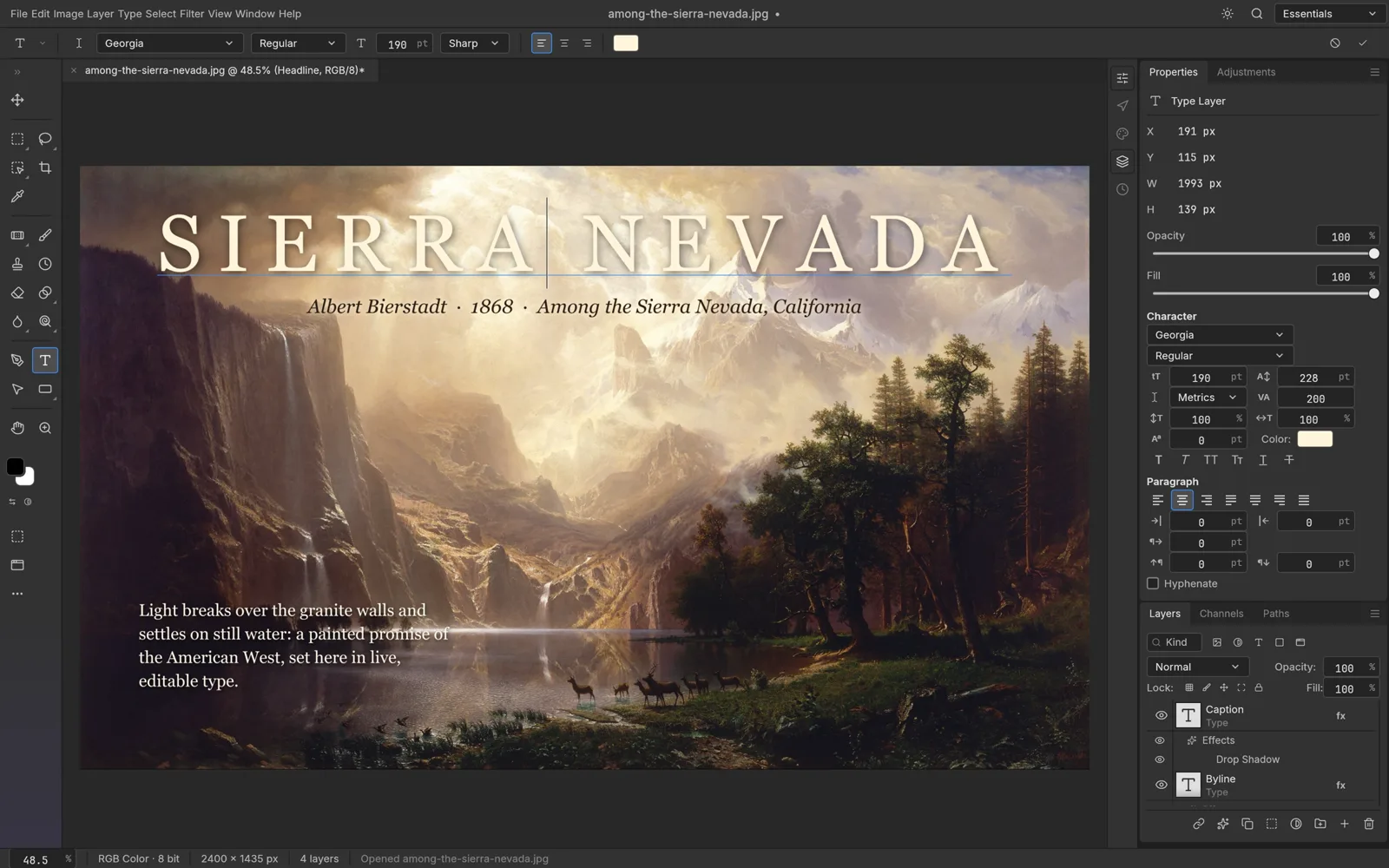 Type layers set over Bierstadt's Among the Sierra Nevada in PhotoCraft, with Character and Paragraph controls in the Properties panel